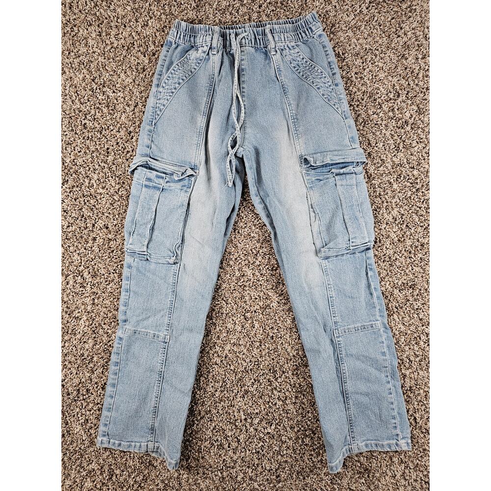 Almost Famous Womens Sz S Pull On Cargo Denim Blue Jean Pants Light Wash